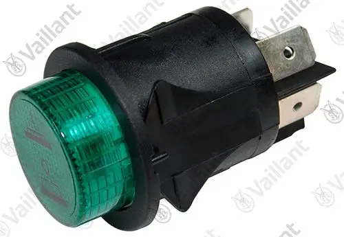 Grüner Ein/Aus-Schalter von Vaillant mit einem runden Lichtsignal und mehreren Anschlussklemmen auf der Rückseite, für elektrische Anwendungen geeignet.